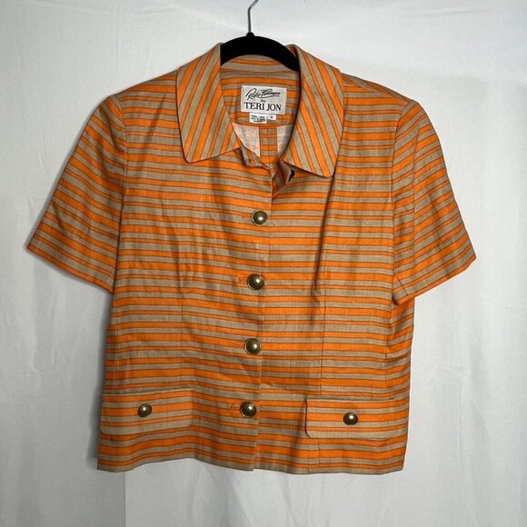 Rickie Freeman for Teri Jon Linen Short Sleeve Blazer‎ Orange Brown Striped 6 - Picture 3 of 10